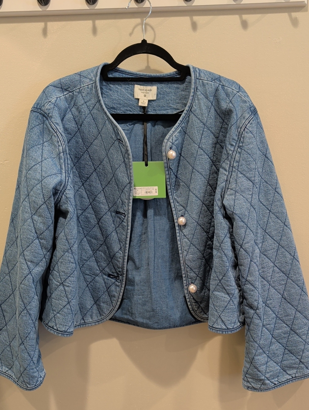 Kate Spade Light Blue Quilted Denim Jacket with Pearl Buttons